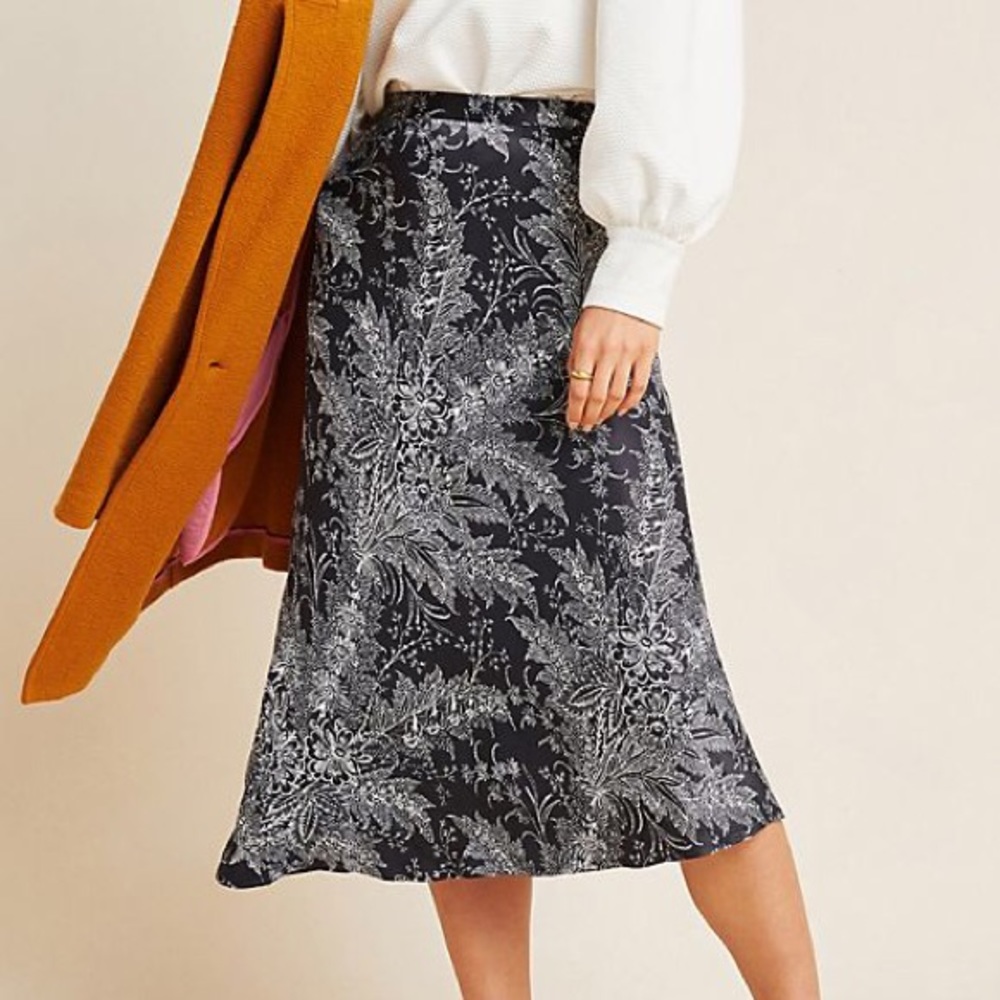 NWT Anthropologie Black Floral Satin Midi Skirt